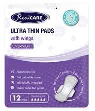 REAL CARE ULTRA THIN OVERNIGHT PADS WWINGS 12PK 