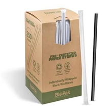 BIOPAK PAPER STRAW IWRAPPED BLACK 250PK 