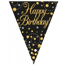 Flag Foil Bunting Happy Birthday Blk  Gold 39M