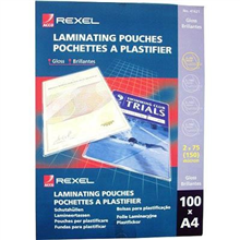 REXEL LAMINATING POUCHES A4 75 MICRON 100PK